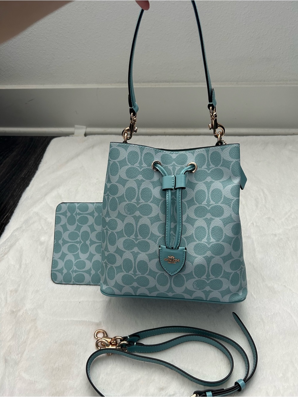 Coach Teal Signature Drawstring Bucket Bag with Pouch - Picture 2 of 8